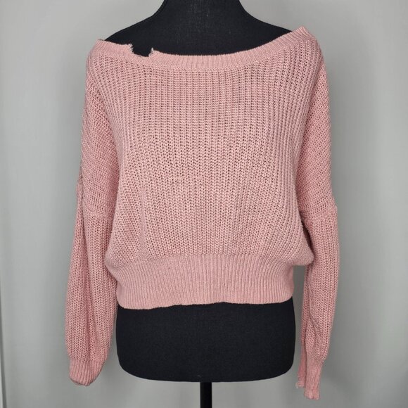 Women's Pink Cropped Distressed Knit Sweater, Size S - Picture 2 of 16